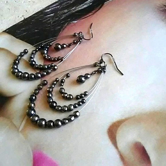Black Beaded TRIPLE LOOP Hoop Pierced Earrings 3" Bohemian Tierred Layered - Picture 2 of 3